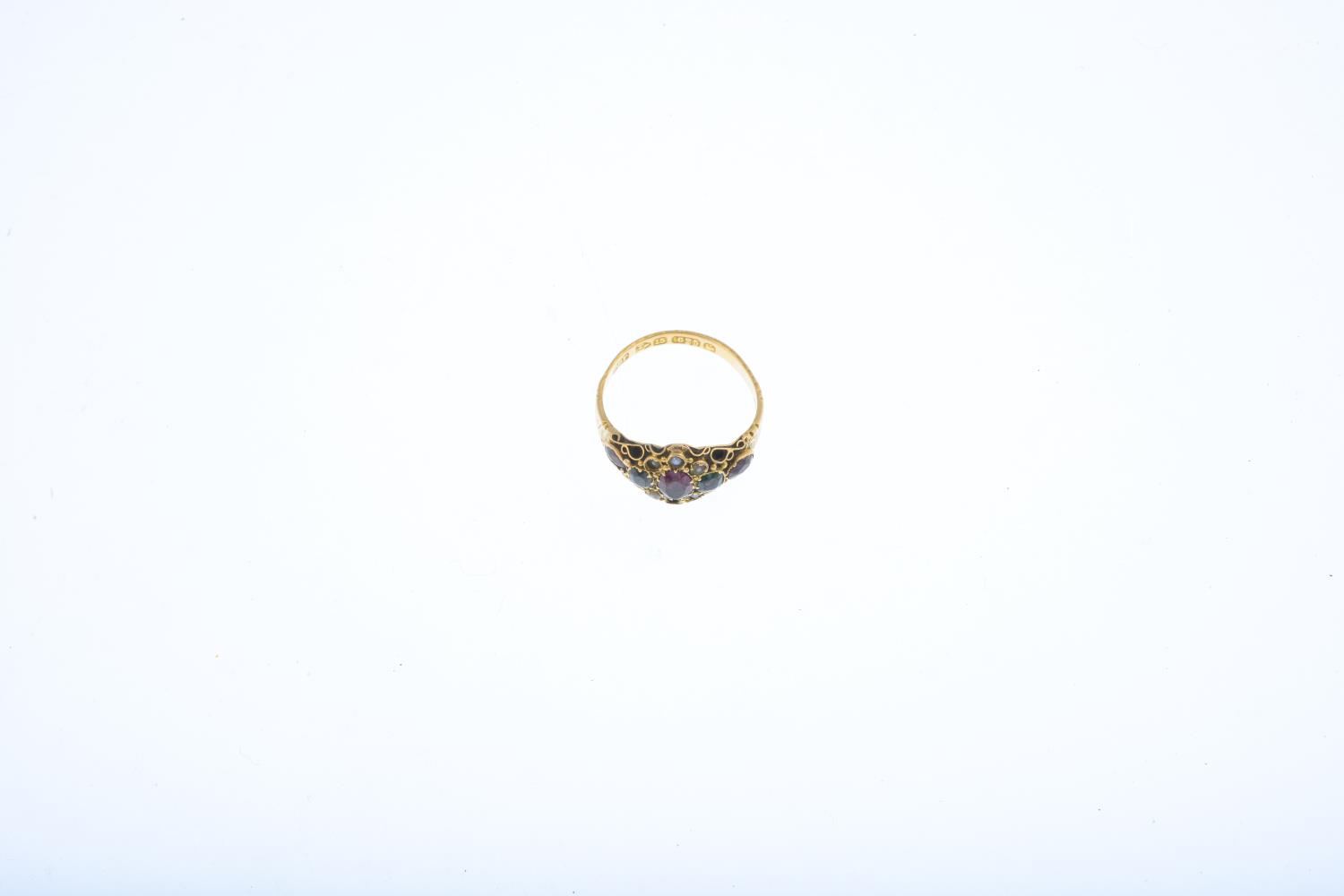 A mid Victorian 15ct gold gem-set ring. The oval-shape garnet line, with cushion-shape emerald - Image 3 of 3