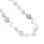A freshwater cultured pearl necklace. Comprising a single-strand of twenty-six vari-hue freshwater