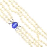 A cultured pearl three-row necklace. Comprising three rows of sixty-three, sixty-seven, and