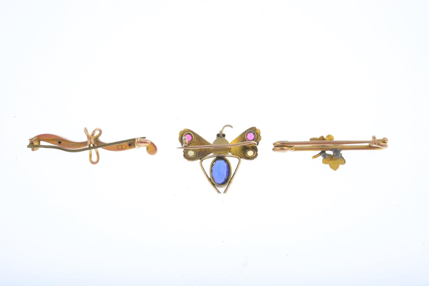 Three early 20th century brooches. To include an opal, paste and turquoise insect brooch, a split - Image 2 of 2