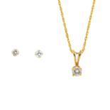 A selection of diamond jewellery. To include a brilliant-cut diamond pendant, suspended from a