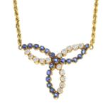 A sapphire and diamond necklace. The circular-shape sapphire and brilliant-cut diamond line