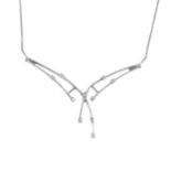 A cubic zirconia necklace. Designed as a scattered circular-shape cubic zirconia openwork chevron,