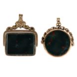 Two late Victorian 9ct gold gem-set swivel fobs. The first designed as a rectangular bloodstone