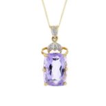 A 9ct gold amethyst and diamond pendant. The rectangular-shape amethyst, with pave-set diamond