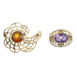 Two 9ct gold gem-set brooches. Each of openwork design, the first designed as a stylised flower with