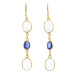 A pair of moonstone and sapphire earrings. Each designed as two oval opal cabochon collets, with