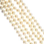 A cultured freshwater pearl three-strand necklace. Comprising three cultured pearl rows, measuring