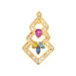 A diamond, coloured diamond and gem-set pendant. Designed as a series of brilliant-cut diamond