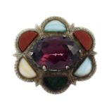 Six gem-set brooches. To include a moss agate brooch, a Scottish banded agate scalloped brooch, with