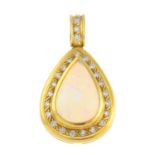 An opal and diamond pendant. The pear opal cabochon, with brilliant-cut diamond surround and