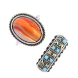 Thirty-one rings. To include a silver oval-shape banded agate single-stone ring, a turquoise and