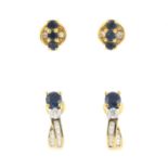 Two pairs of sapphire and diamond earrings. The first pair each designed as an 18ct gold circular-