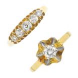 Two 18ct gold diamond rings. To include a late Victorian old-cut diamond five-stone ring, with a