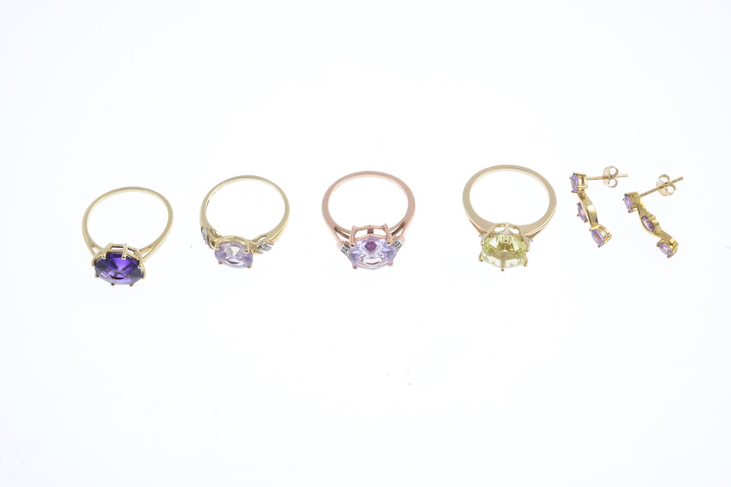 Four 9ct gold gem-set rings and a pair of earrings. To include an amethyst and diamond dress ring, - Image 3 of 3