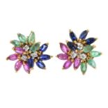 A pair of diamond and gem-set earrings. Each designed as a marquise-shape ruby, sapphire and emerald