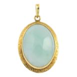 A jade pendant. The oval jadeite cabochon, with textured surround, suspended from a tapered surmount