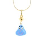 An enamel pendant. The enamel drop, painted to depict a blue cartoon face with white, black and pink