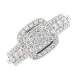 (193015) An 18ct gold diamond dress ring. The square-shape diamond panel, with brilliant-cut diamond