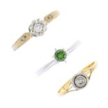 Four diamond rings. To an 18ct gold brilliant-cut 'green' diamond single-stone ring, a 9ct gold