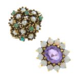 Three 9ct gold gem-set cluster rings. To include an amethyst and opal ring, a split pearl and