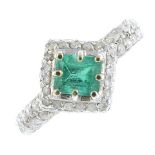 An emerald and diamond cluster ring. The square-shape emerald, with brilliant-cut diamond double