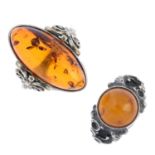 Twenty-four items of amber jewellery. To include a heart-shape pendant, a single-stone ring, a