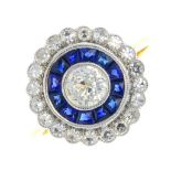 A sapphire and diamond dress ring. The old-cut diamond collet, within a calibre-cut sapphire and