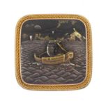 A shakudo brooch. Designed as a cushion-shape panel, depicting a sailing boat at sunset, in front of