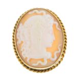 A shell cameo brooch. Of oval outline, carved to depict Medusa in profile, within a rope-twist