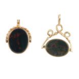 Two 9ct gold swivel fobs. To include a late Victorian 9ct gold bloodstone and sardonyx swivel fob