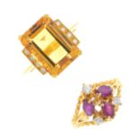 Two diamond and gem-set rings. To include an 18ct gold rectangular-shape citrine and brilliant-cut