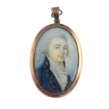 A Georgian portrait miniature pendant. The oval glazed pendant painted to depict a gentleman in