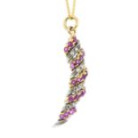 A diamond and ruby pendant. Designed as an alternating series of circular-shape ruby and single-