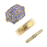 Four 9ct gold rings. To include an Edwardian sapphire and diamond five-stone ring, a tanzanite