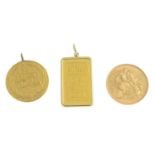 (210168) A selection of jewellery and coins. To include two ingot pendants, a full sovereign, a pair