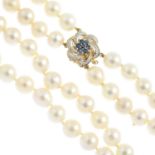 A cultured pearl two-row necklace. Comprising two rows of thirty-eight and thirty-seven cultured