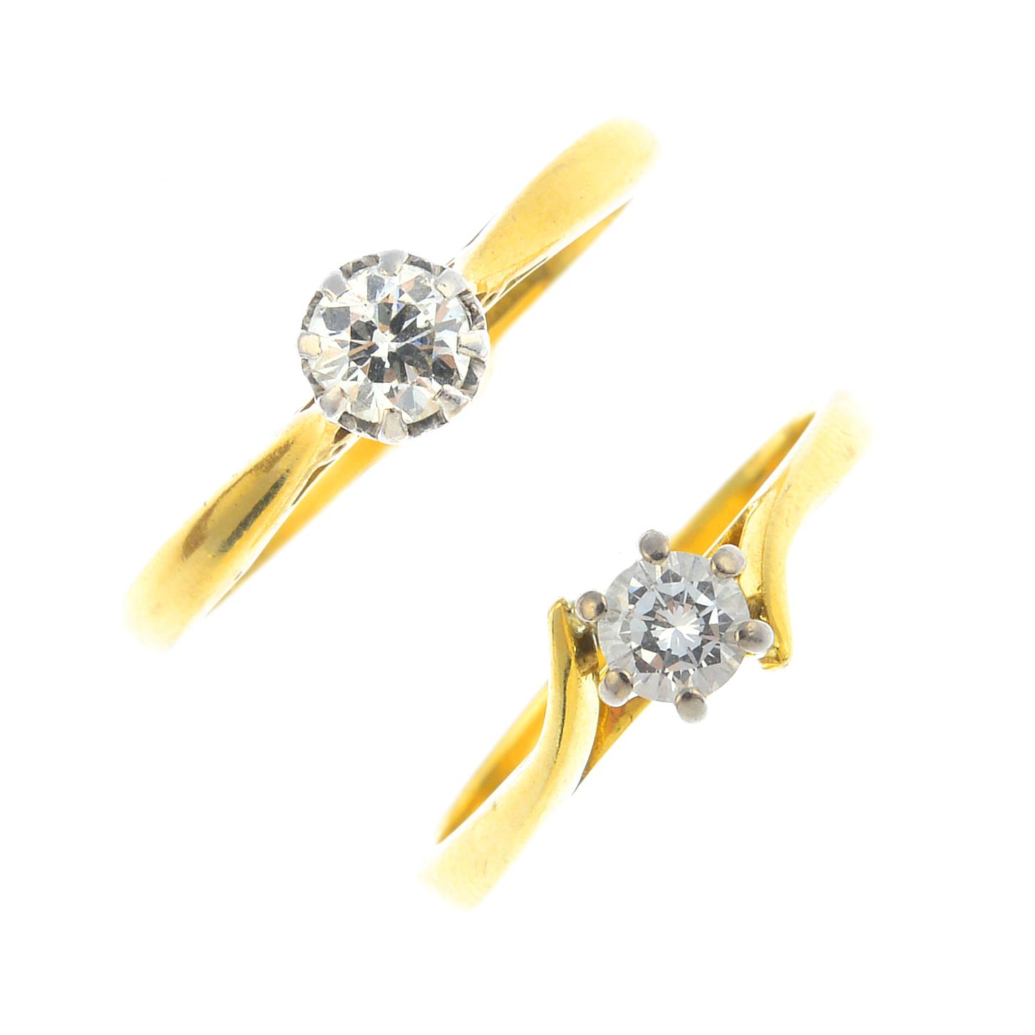 Two diamond single-stone rings. Each designed as a brilliant-cut diamond, one with tapered