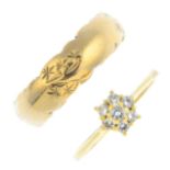 A 9ct gold band ring and a diamond cluster ring. To include a 9ct gold band with floral motif and