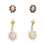 Two pairs of opal earrings. To include a pair of opal and garnet cluster earrings, with a pair of
