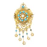 An early Victorian gold turquoise and split pearl pendant. Designed as a circular turquoise cabochon