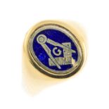 A 9ct gold and enamel Masonic ring. Designed as an oval rotating panel, with blue enamel compass