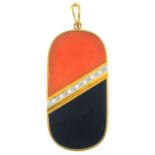 A coral, onyx and diamond pendant. Of curved rectangular outline, the coral and onyx panels, with