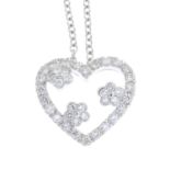 A diamond heart necklace. The brilliant-cut diamond heart, with similarly-cut diamond floral