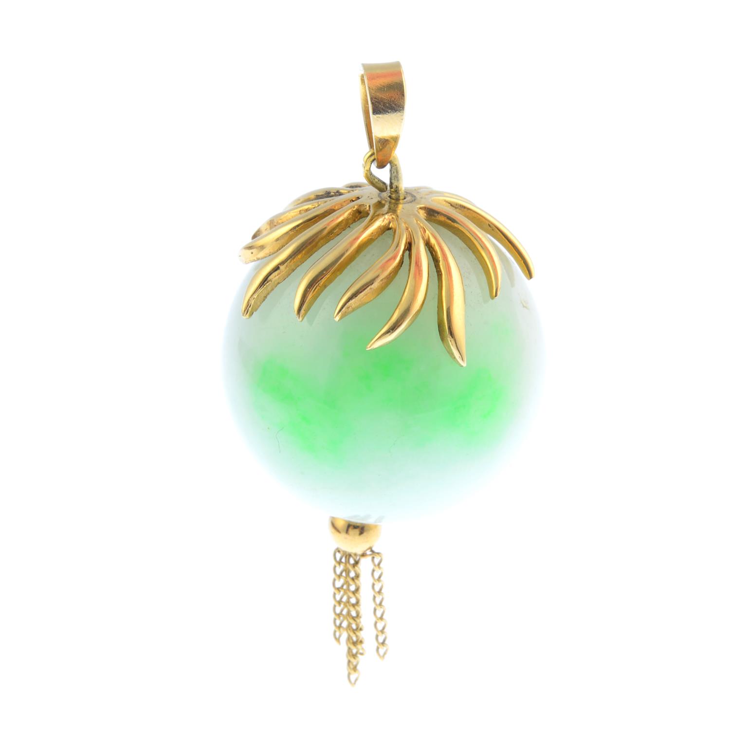(202928) A jade pendant. The jadeite sphere, with bead and tassel drop, suspended from an abstract