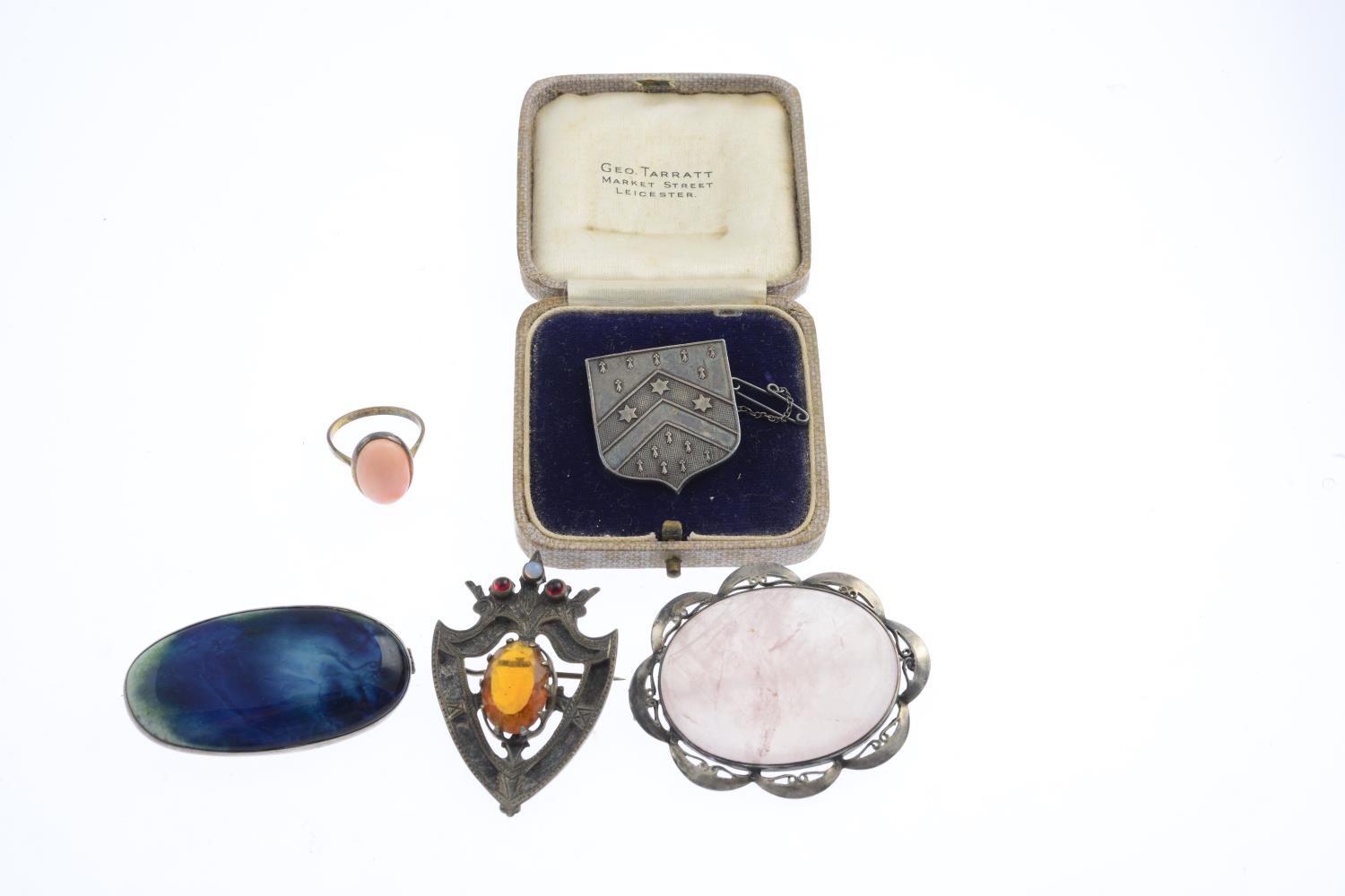 A selection of gem-set jewellery. To include a marcasite floral spray brooch, a silver oval-shape - Image 2 of 2