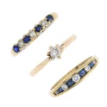 Five 9ct gold diamond and gem-set rings. To include two diamond single-stone rings, a sapphire and