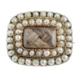 A mid Victorian gold pearl mourning brooch. Of rectangular outline, the central woven hair panel,