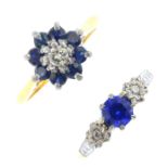 Two sapphire and diamond rings. To include a circular-shape sapphire and single-cut diamond three-