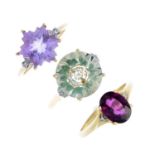 Three 9ct gold diamond and gem-set rings. To include a garnet and diamond ring, an amethyst and